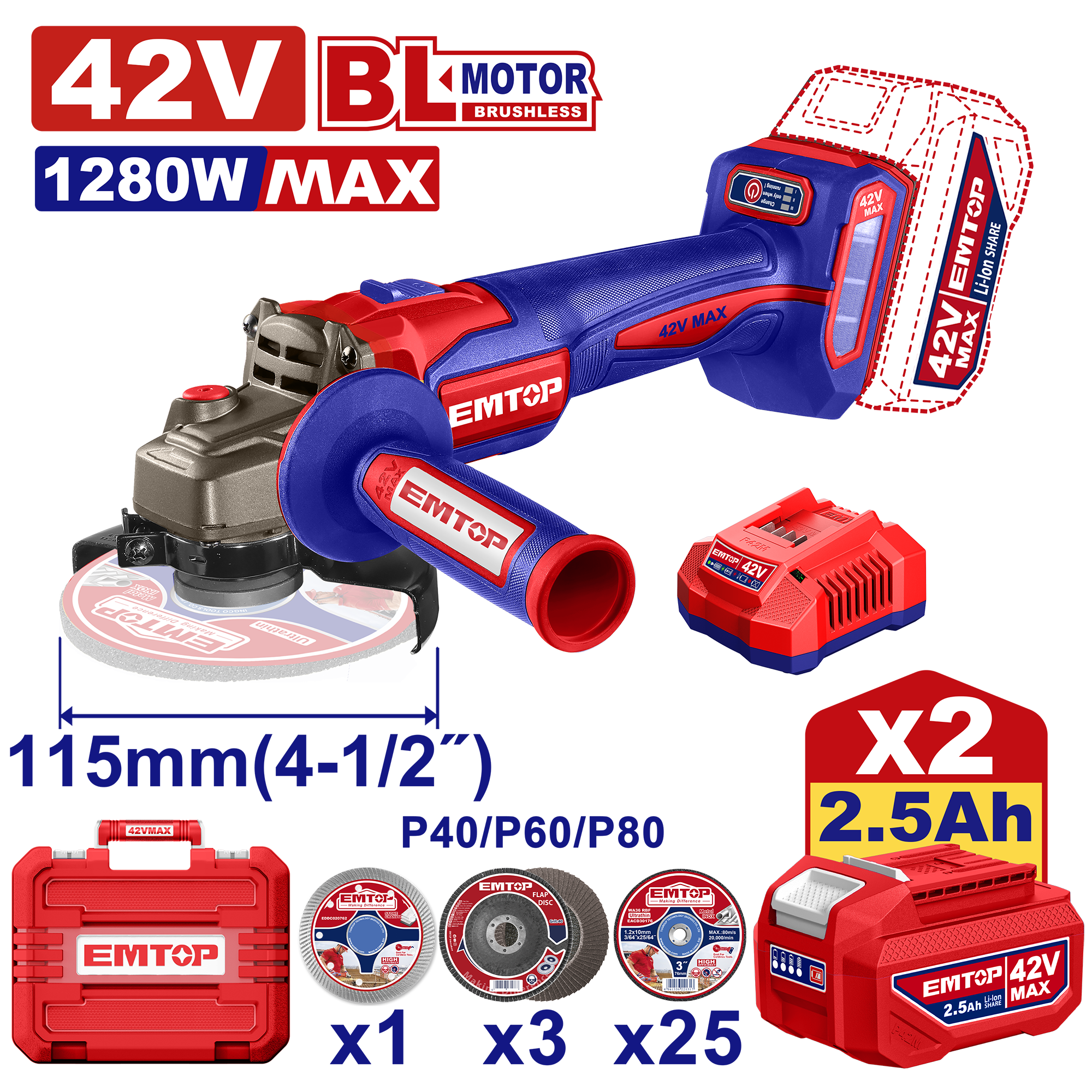 Болгарка (кутова шліфмашина) акумуляторна EMTOP ELAG4128112